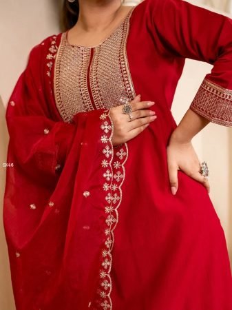 Red Silk Blend Kurti Pant Set with Embroidered Organza Dupatta