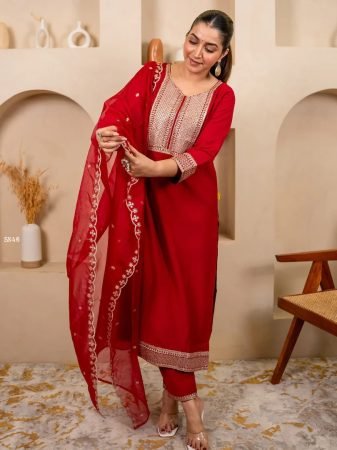 Red Silk Blend Kurti Pant Set with Embroidered Organza Dupatta