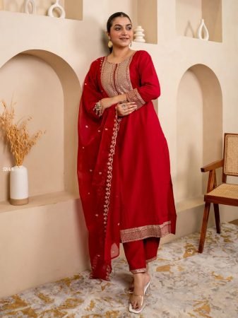 Red Silk Blend Kurti Pant Set with Embroidered Organza Dupatta