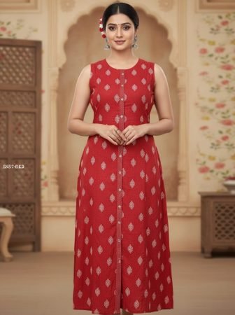 Red Sleeveless Printed A Line Kurta with Button Down Front