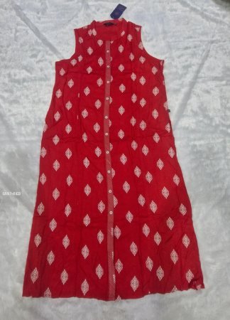 Red Sleeveless Printed A Line Kurta with Button Down Front