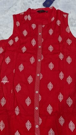 Red Sleeveless Printed A Line Kurta with Button Down Front