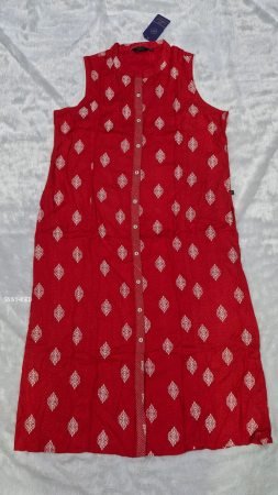 Red Sleeveless Printed A Line Kurta with Button Down Front
