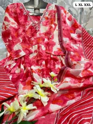 Red Tie Dye Print Hand Work Pure Muslin And Silk Alia Cut Kurtis