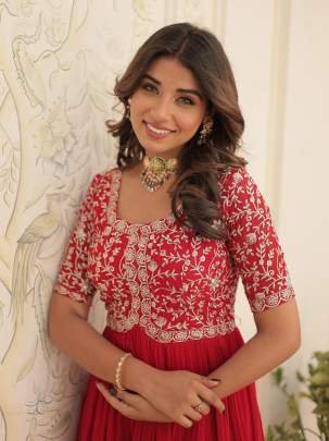 Red Tradition Designer Readymade Gown With Embroidery Work