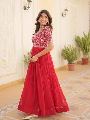 Red Tradition Designer Readymade Gown With Embroidery Work