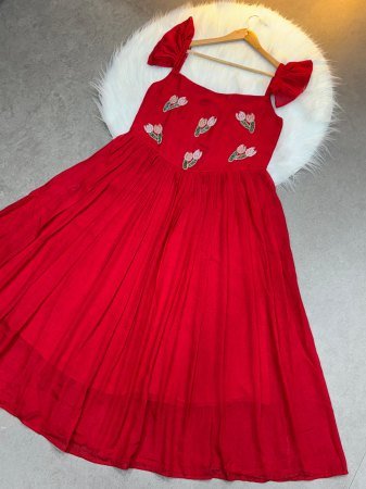 Red Vichitra Silk Anarkali Dress with Beads And Kardana Handwork