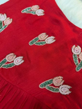 Red Vichitra Silk Anarkali Dress with Beads And Kardana Handwork