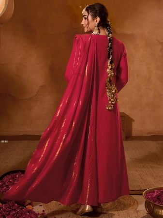 Red Viscose Silk Embroidered Straight Kurta With Pant And Dupatta Set
