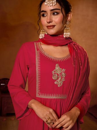 Red Viscose Silk Embroidered Straight Kurta With Pant And Dupatta Set