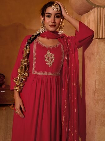 Red Viscose Silk Embroidered Straight Kurta With Pant And Dupatta Set