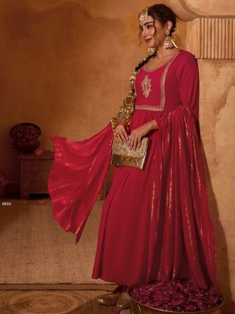 Red Viscose Silk Embroidered Straight Kurta With Pant And Dupatta Set