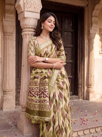 Regular Wear Olive Green Linen Saree
