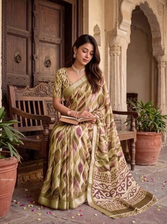 Regular Wear Olive Green Linen Saree