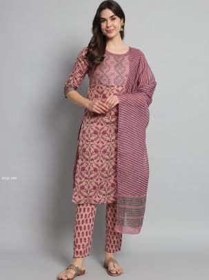 Regular Wear Pink Cotton Printed Kurti Pant with Dupatta set
