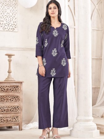 Regular Wear Purple Chinon Palazzo Style  Co-ord Set