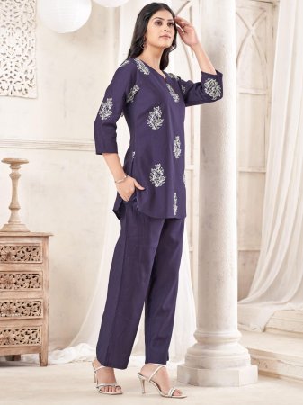 Regular Wear Purple Chinon Palazzo Style  Co-ord Set