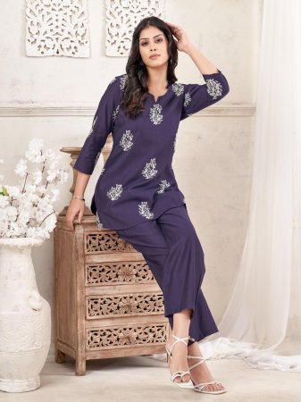 Regular Wear Purple Chinon Palazzo Style  Co-ord Set