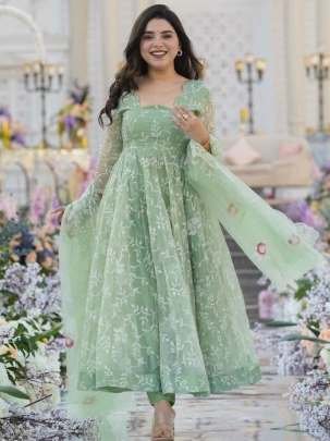 Resham Embroidery Pista Colour Kurti Pant With Dupatta