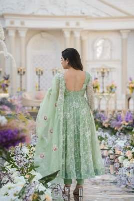 Resham Embroidery Pista Colour Kurti Pant With Dupatta