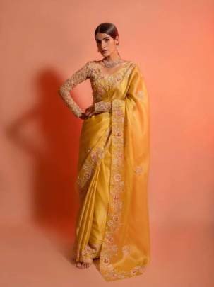 Rich Lady Party Wear Look Titan Yellow Cut Work Soft Organza Saree