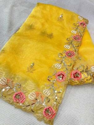 Rich Lady Party Wear Look Titan Yellow Cut Work Soft Organza Saree