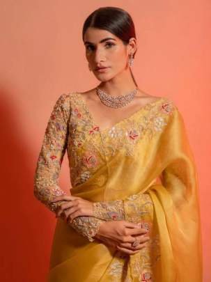 Rich Lady Party Wear Look Titan Yellow Cut Work Soft Organza Saree