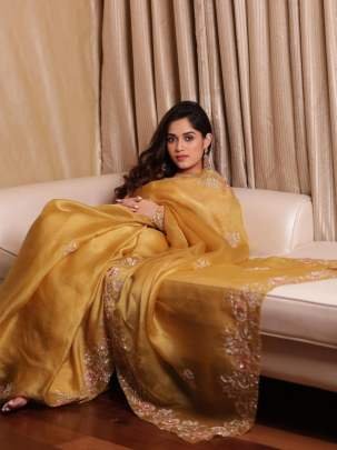 Rich Lady Party Wear Look Titan Yellow Cut Work Soft Organza Saree