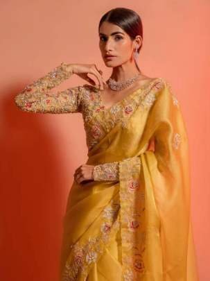 Rich Lady Party Wear Look Titan Yellow Cut Work Soft Organza Saree