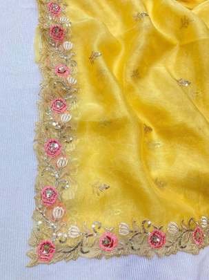 Rich Lady Party Wear Look Titan Yellow Cut Work Soft Organza Saree