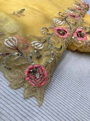 Rich Lady Party Wear Look Titan Yellow Cut Work Soft Organza Saree