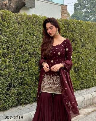 Rich Maroon Embroidered Kurta with Sharara Set