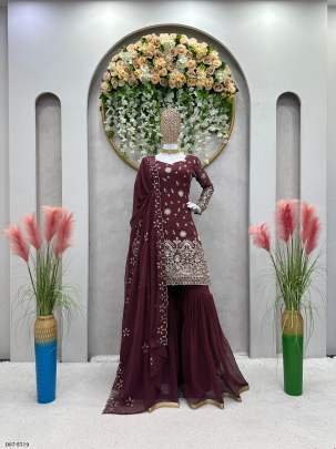 Rich Maroon Embroidered Kurta with Sharara Set