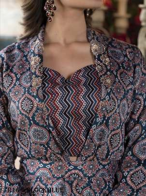 Richierevise Blue Block Printed Co ord Set With Jacket