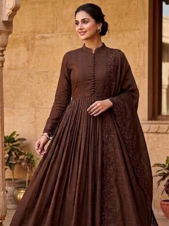 Roman Silk Brown Colour Ready Made Suit