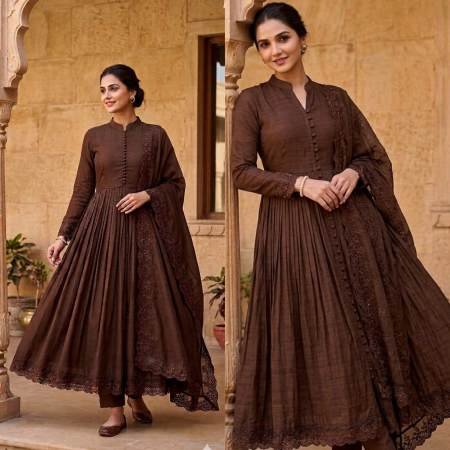 Roman Silk Brown Colour Ready Made Suit