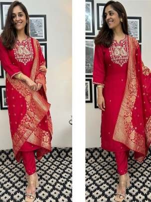 Romantic Red Premium Roman Silk Kurtis Three Piece Set