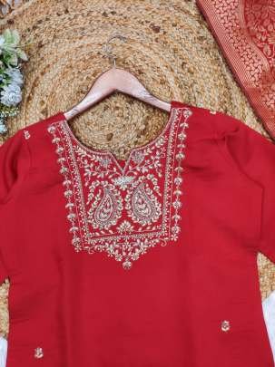 Romantic Red Premium Roman Silk Kurtis Three Piece Set