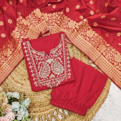 Romantic Red Premium Roman Silk Kurtis Three Piece Set