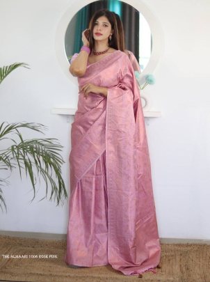 Rose Pink Color Pure Banarasi Plain Silk Saree With Brocade unstitched Blouse