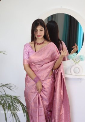 Rose Pink Color Pure Banarasi Plain Silk Saree With Brocade unstitched Blouse