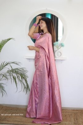 Rose Pink Color Pure Banarasi Plain Silk Saree With Brocade unstitched Blouse