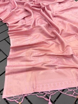 Rose Pink Color Pure Banarasi Plain Silk Saree With Brocade unstitched Blouse