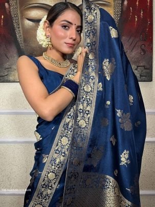 Royal Blue Banarsi Soft Silk Saree With Unstich Blouse