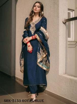 Royal Blue Color Designer Chinon Silk Embroidery Top Bottom Dupatta Outfit