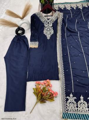 Royal Blue Color Designer Chinon Silk Embroidery Top Bottom Dupatta Outfit