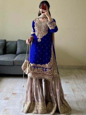 Royal Blue Colour Codding Sequence Embroidery Work Sharara Suit