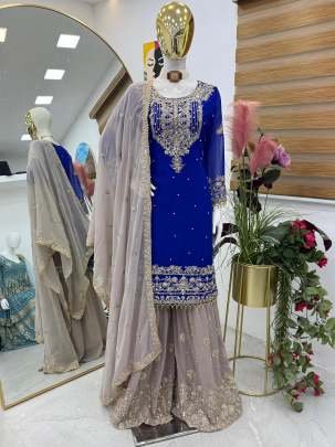 Royal Blue Colour Codding Sequence Embroidery Work Sharara Suit