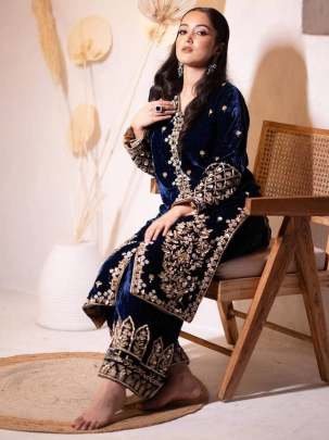 Royal Blue Embroidered Kurti Palazzo Set