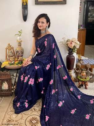 Royal Blue Flower Embroider Work And Sequence Party Wear Georgette Saree